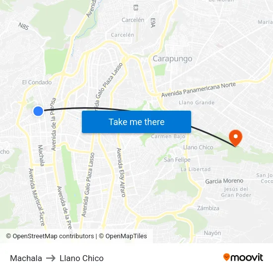 Machala to Llano Chico map