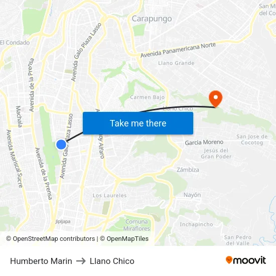 Humberto Marin to Llano Chico map