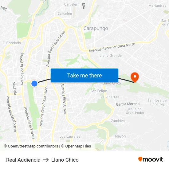 Real Audiencia to Llano Chico map