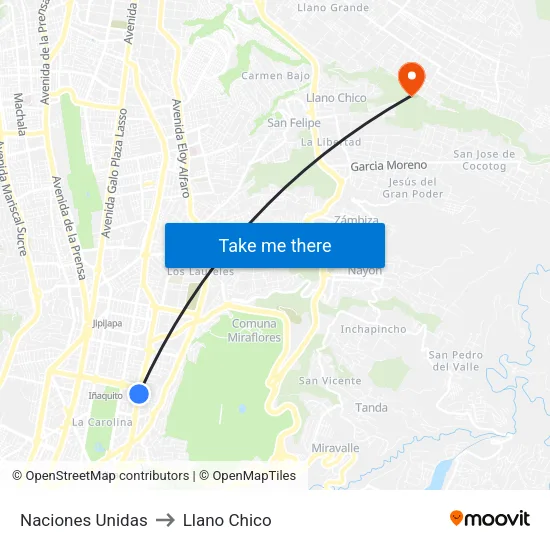 Naciones Unidas to Llano Chico map