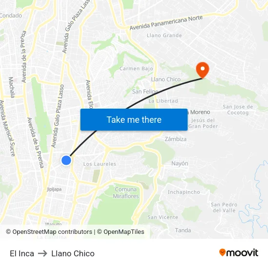 El Inca to Llano Chico map