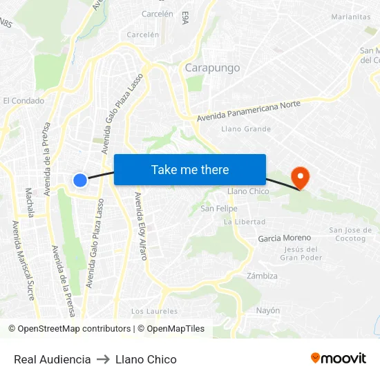 Real Audiencia to Llano Chico map