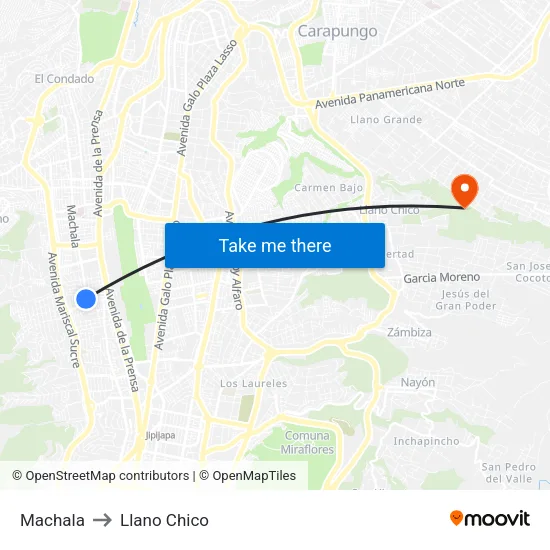 Machala to Llano Chico map