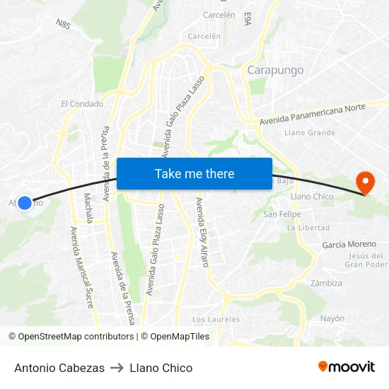 Antonio Cabezas to Llano Chico map