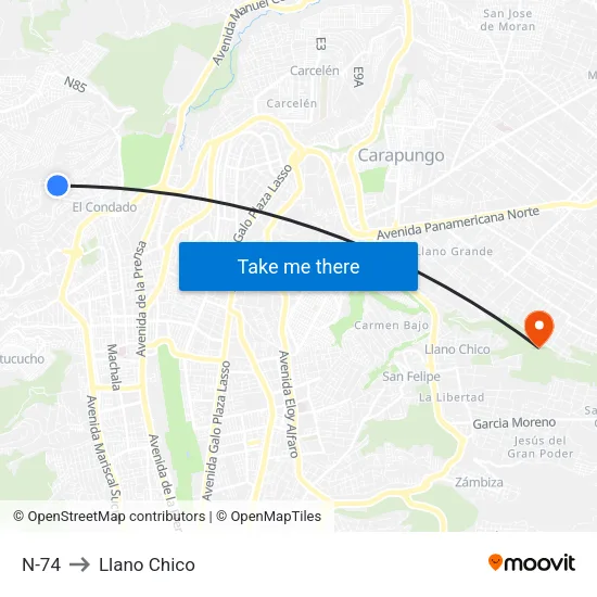 N-74 to Llano Chico map