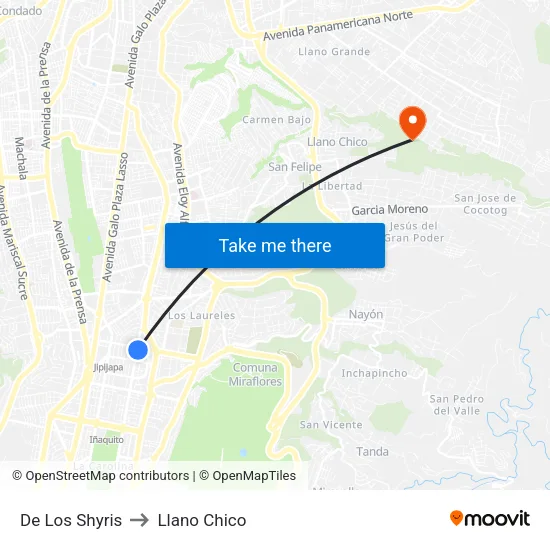 De Los Shyris to Llano Chico map