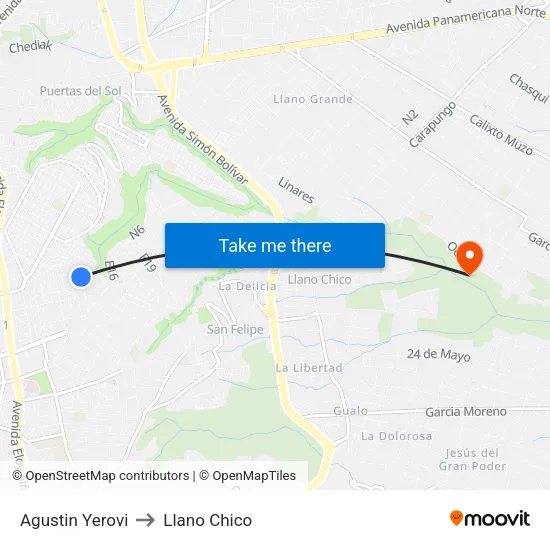 Agustin Yerovi to Llano Chico map