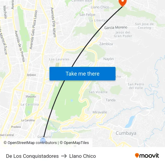 De Los Conquistadores to Llano Chico map