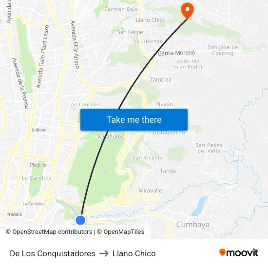 De Los Conquistadores to Llano Chico map