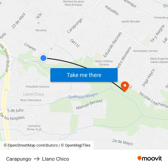 Carapungo to Llano Chico map
