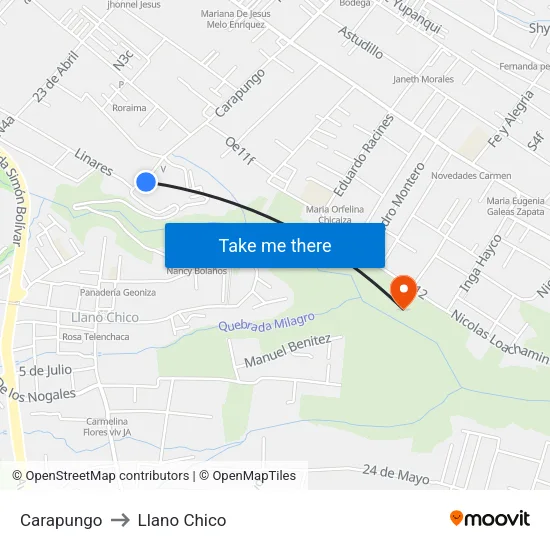 Carapungo to Llano Chico map