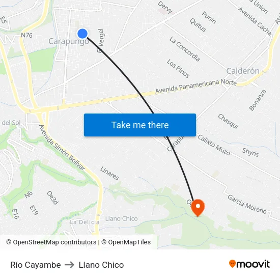 Río Cayambe to Llano Chico map