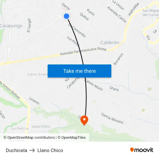 Duchicela to Llano Chico map