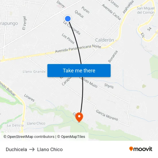 Duchicela to Llano Chico map