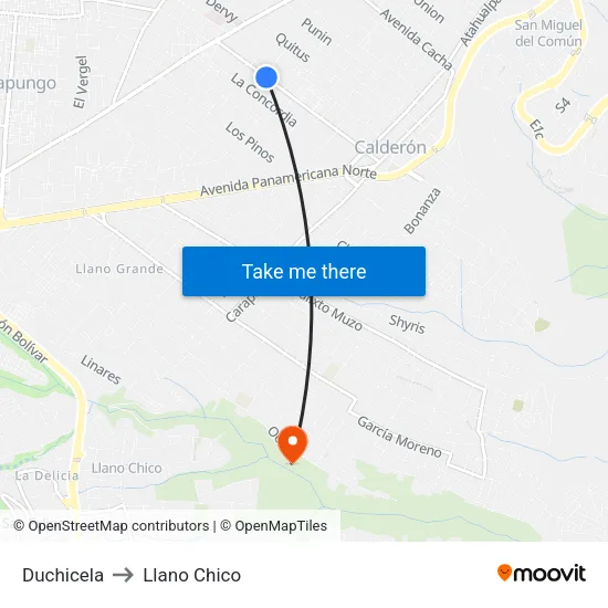 Duchicela to Llano Chico map