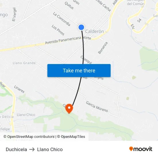 Duchicela to Llano Chico map