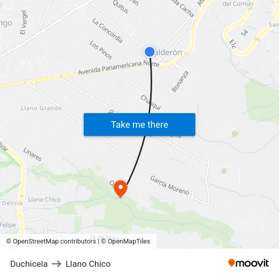 Duchicela to Llano Chico map