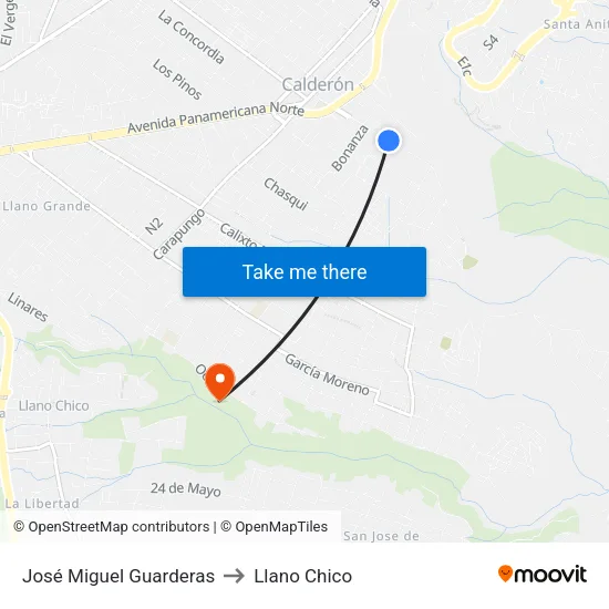 José Miguel Guarderas to Llano Chico map