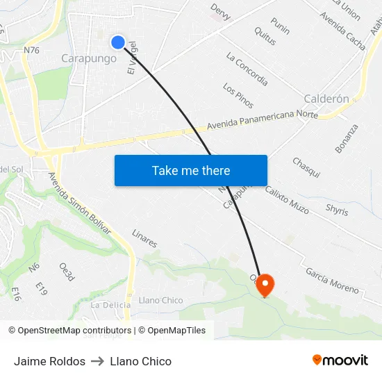 Vozandes Carapungo to Llano Chico map