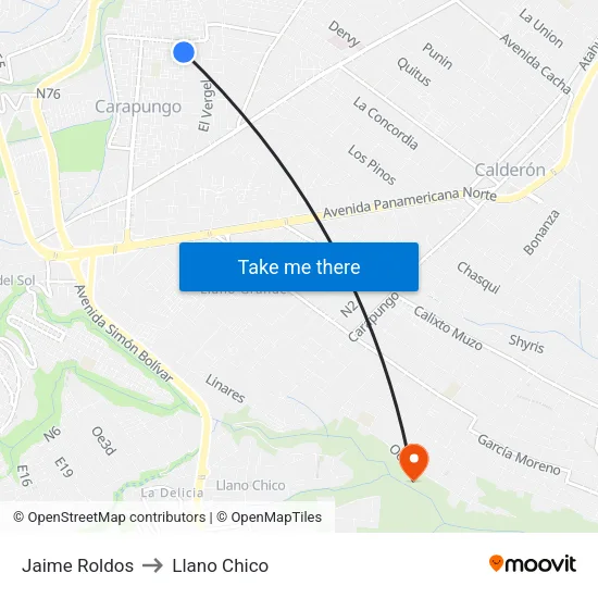 Jaime Roldos to Llano Chico map