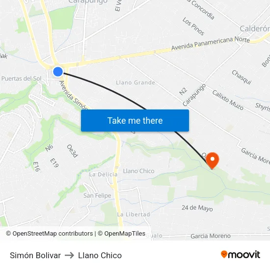 Simón Bolivar to Llano Chico map