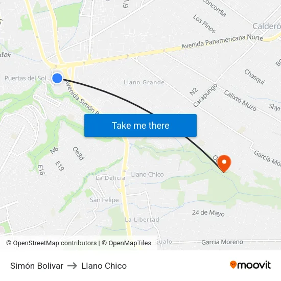 Simón Bolivar to Llano Chico map