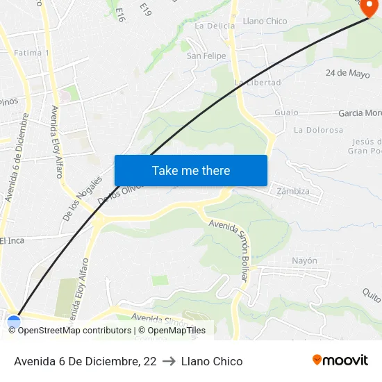 Avenida 6 De Diciembre, 22 to Llano Chico map