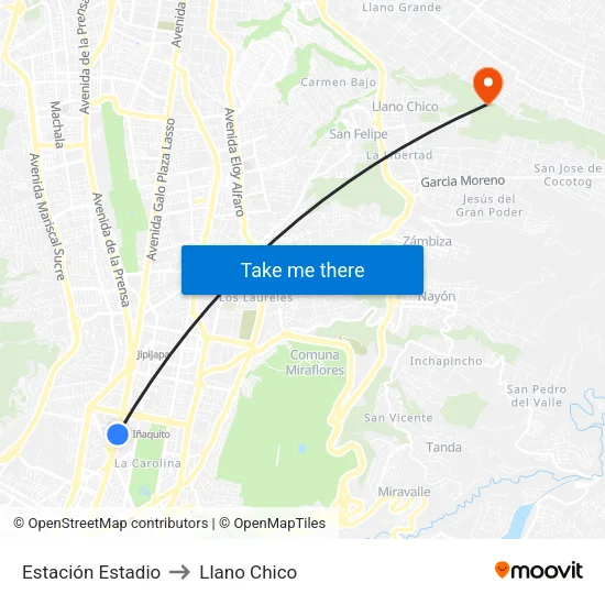Estación Estadio to Llano Chico map
