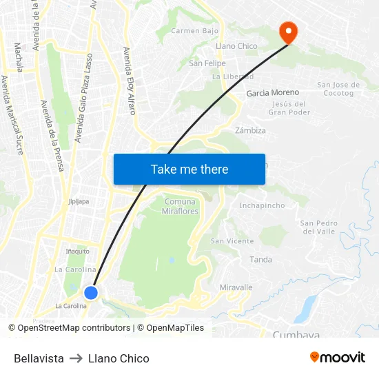 Bellavista to Llano Chico map