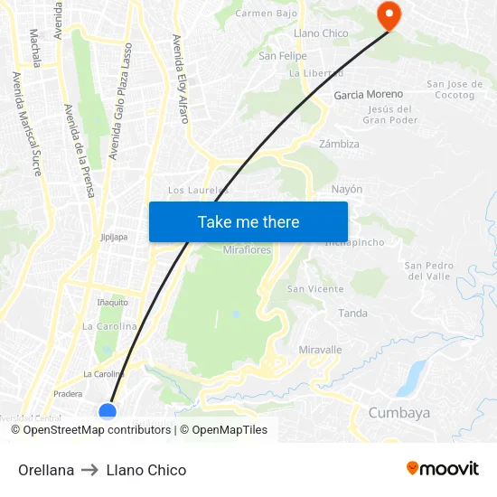 Orellana to Llano Chico map