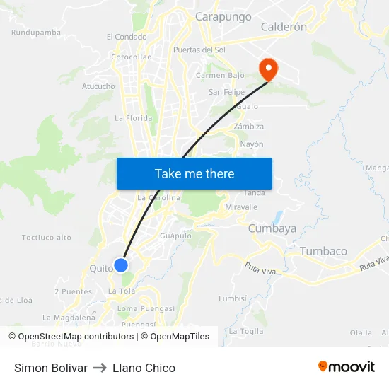 Simon Bolivar to Llano Chico map