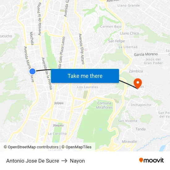 Antonio Jose De Sucre to Nayon map