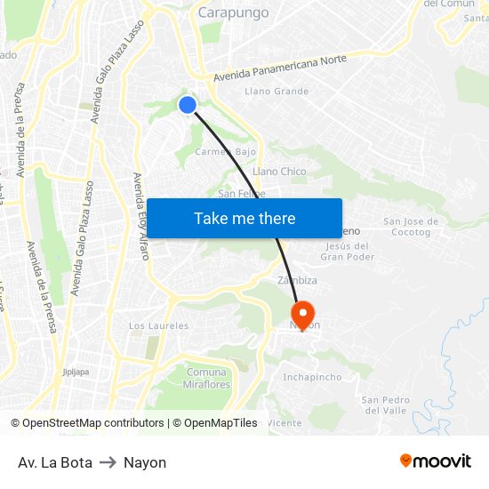 Av. La Bota to Nayon map