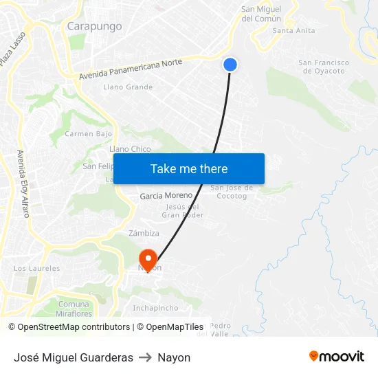 José Miguel Guarderas to Nayon map