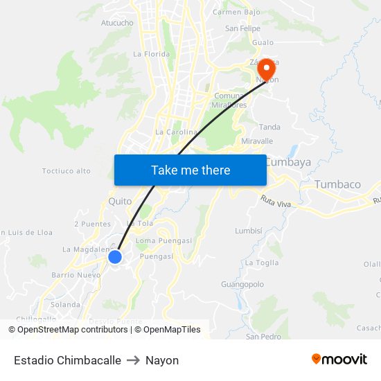 Estadio Chimbacalle to Nayon map