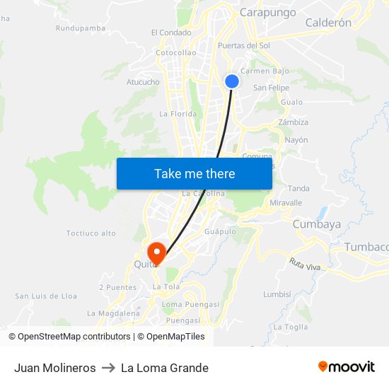 Juan Molineros to La Loma Grande map