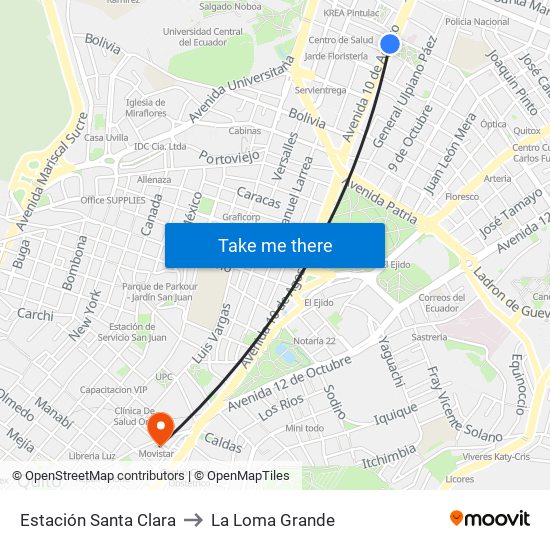 Estación Santa Clara to La Loma Grande map