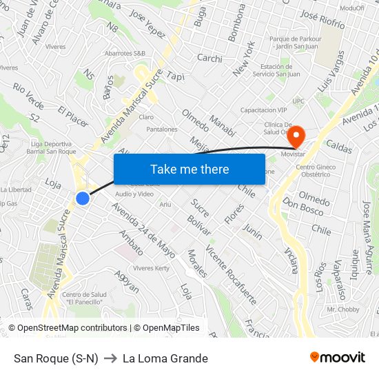 San Roque (S-N) to La Loma Grande map