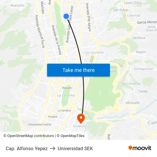 Cap. Alfonso Yepez to Universidad SEK map