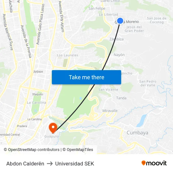Abdon Calderën to Universidad SEK map