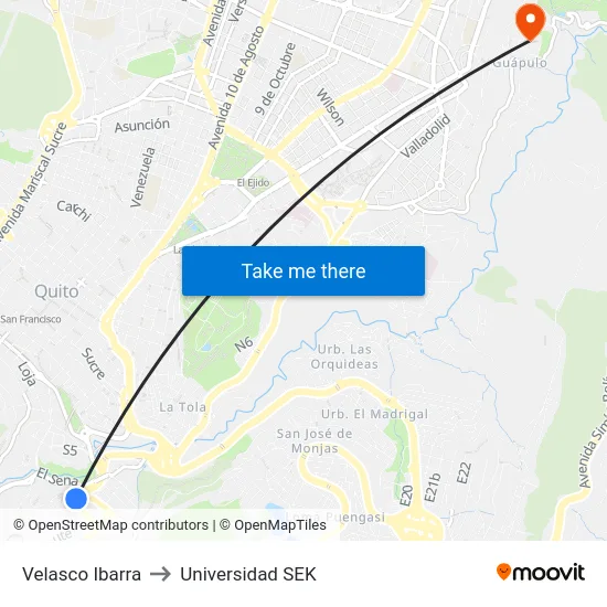 Velasco Ibarra to Universidad SEK map