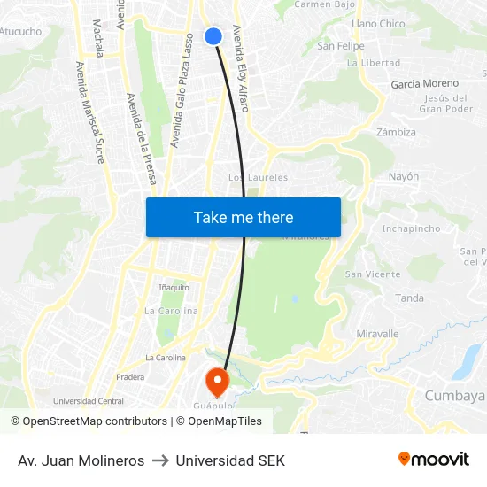 Av. Juan Molineros to Universidad SEK map