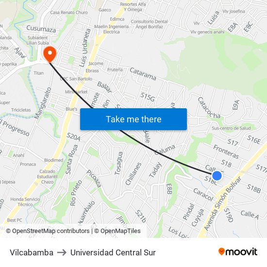 Vilcabamba to Universidad Central Sur map