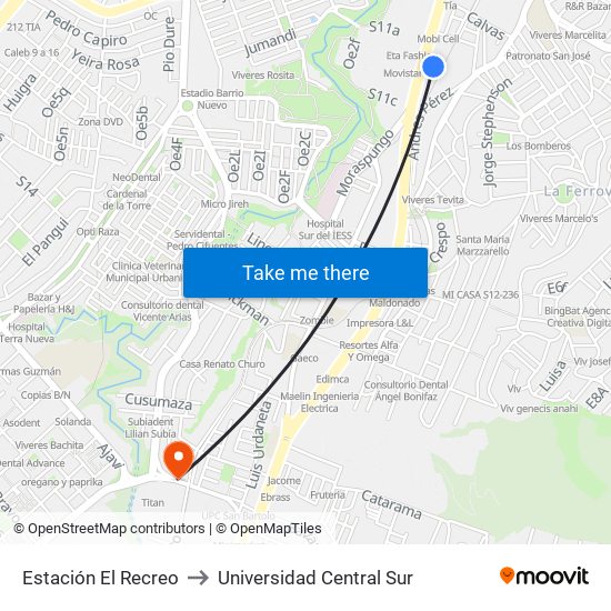 Estación El Recreo to Universidad Central Sur map