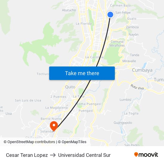 Cesar Teran Lopez to Universidad Central Sur map