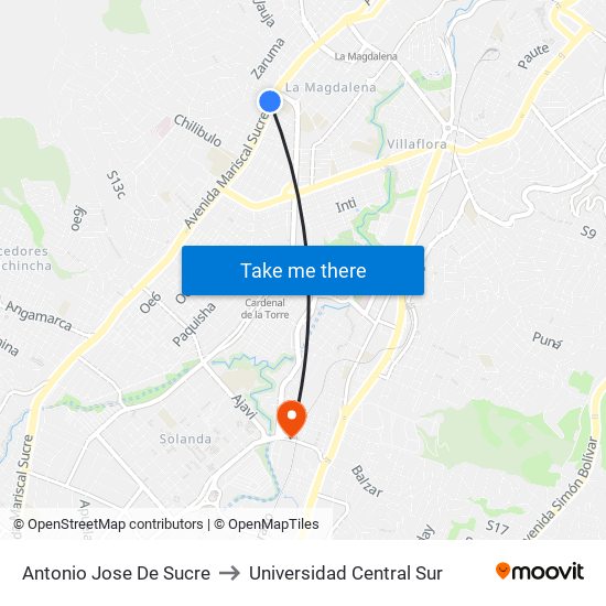 Antonio Jose De Sucre to Universidad Central Sur map