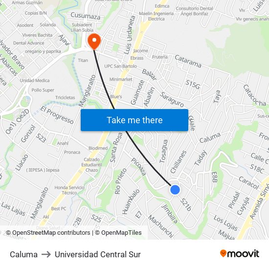 Caluma to Universidad Central Sur map