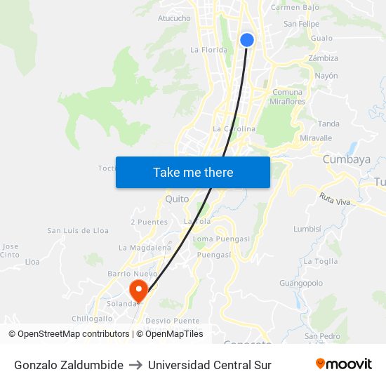 Gonzalo Zaldumbide to Universidad Central Sur map