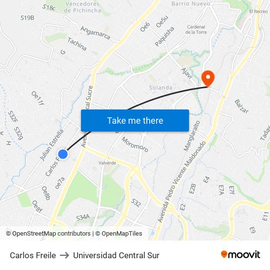 Carlos Freile to Universidad Central Sur map
