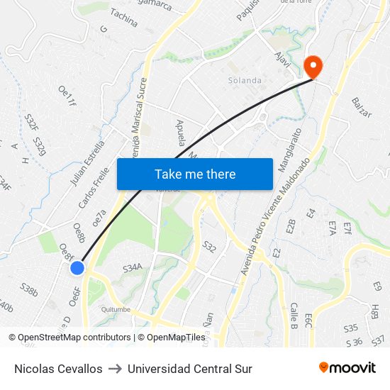 Nicolas Cevallos to Universidad Central Sur map